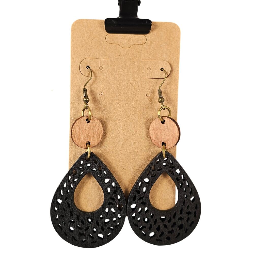 Boho Black Wooden Teardrop Dangle Earrings Cutout Pattern 2.3" Brown